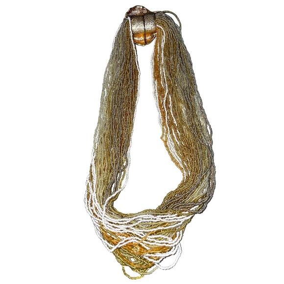 Clam Shell Vintage Multi Strand Seed Bead Necklace Gold & White - Picture 2 of 8